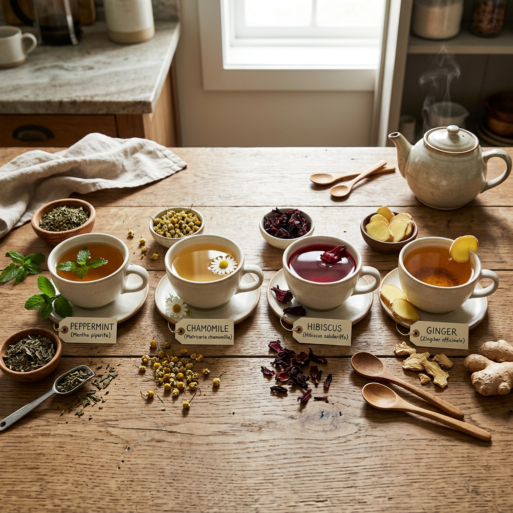 Four labeled herbal teas: peppermint, chamomile, hibiscus, and ginger